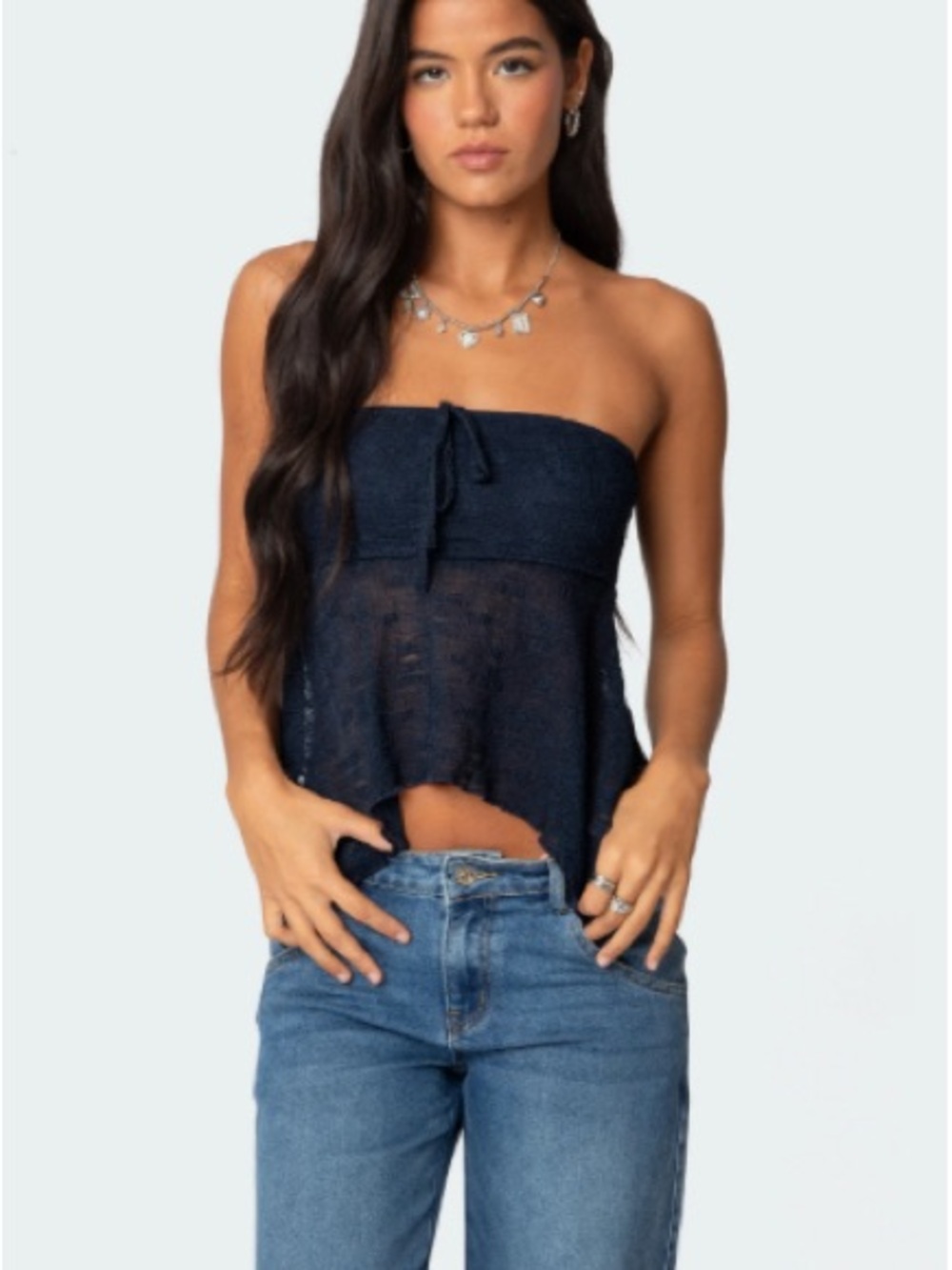 Edikted Navy Strapless Tie-Front Sheer Camisole